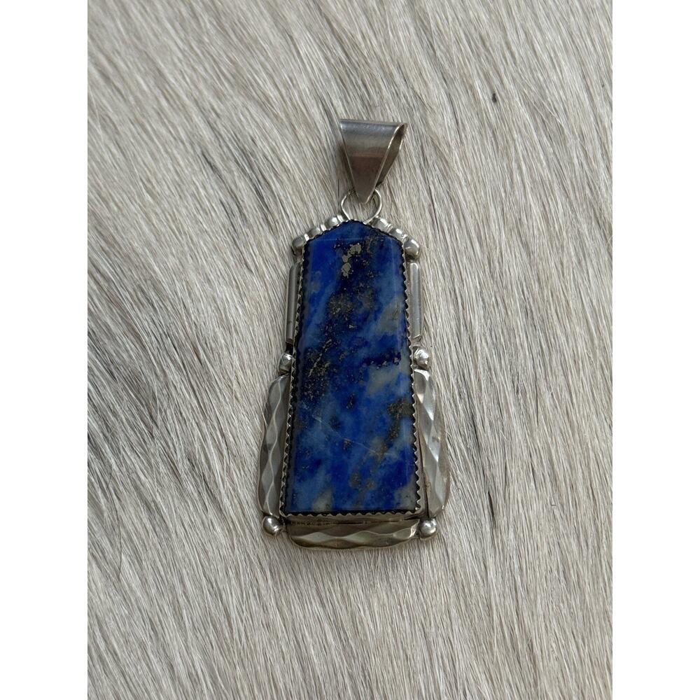 Zuni New Mexico Sterling Silver K. C. Signed Huge Lapis Lazuli Long Pendant - Picture 3 of 12